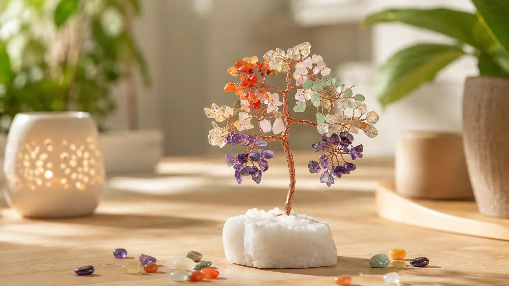 un Arbre de Vie en pierres naturelles posé sur une table en bois clair, dans un intérieur lumineux et apaisant, ambiance zen, décoration naturelle, pierres colorées visibles sur les branches