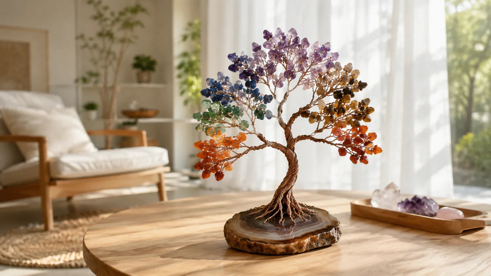 Arbre de vie 7 Chakras en pierres naturelles sur socle en tranche d'agate dans un salon lumineux décoration feng shui