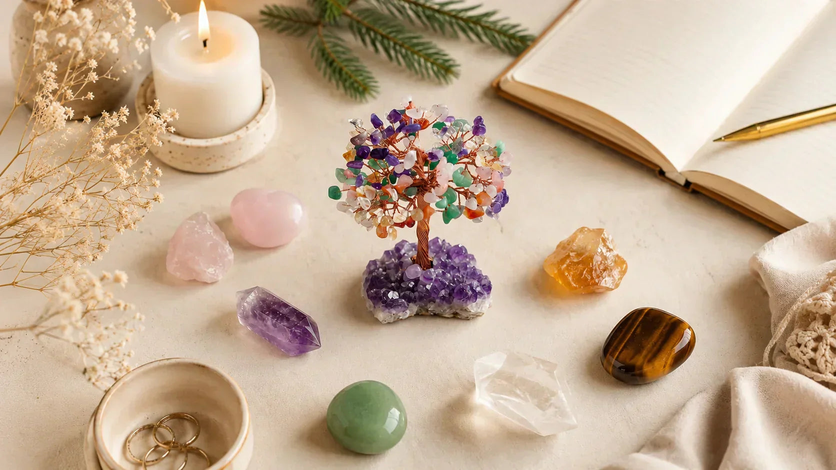 Arbre de Vie en pierres naturelles posé au centre d’une composition bien-être avec quartz rose, améthyste, citrine, œil de tigre, aventurine, cristal de roche, bougie et carnet ouvert.