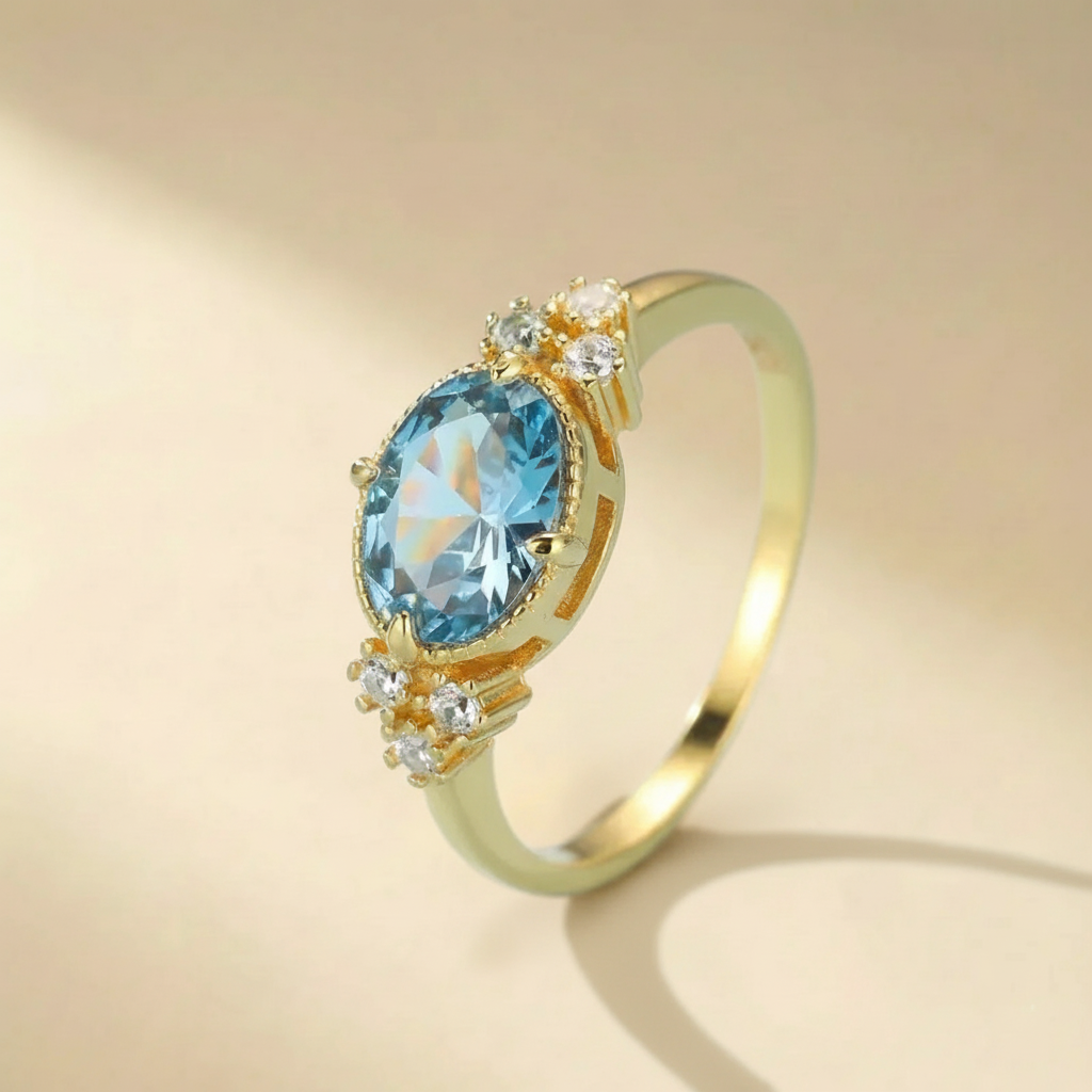 Anillo Aguamarina "Rayos Marinos" Plata Dorada