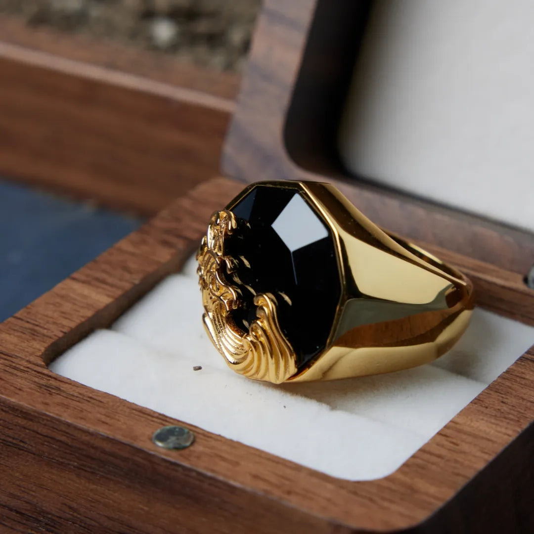 
Herrenring Obsidian "Welle der Kraft" Silber Vergoldet Gold