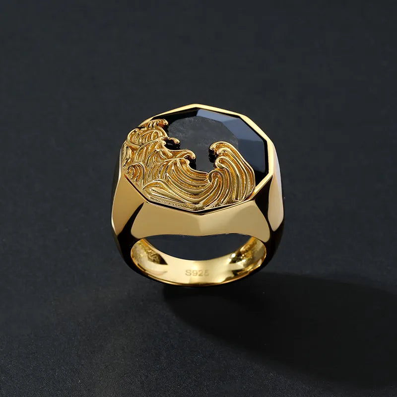 
Herrenring Obsidian "Welle der Kraft" Silber Vergoldet Gold
