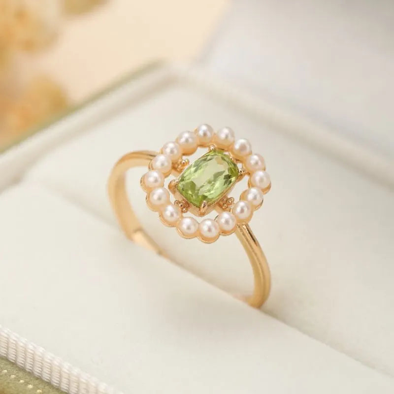 Anillo Peridoto y Perla "Atractivo Brillante" Plata Dorada Oro