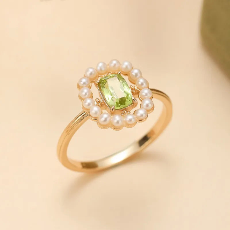 Anillo Peridoto y Perla "Atractivo Brillante" Plata Dorada Oro