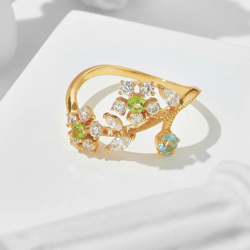 Peridotring "Narzisse Blume" Vergoldet Silber