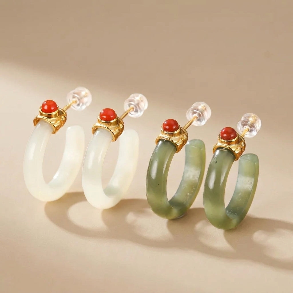 Boucles d'Oreilles Créoles Jade et Agate "Cercle Apaisant" Argent Doré Or @main