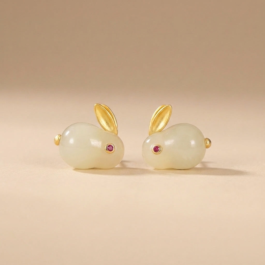 Boucles d'Oreilles Jade "Lapin Doux" Argent Doré Or @main