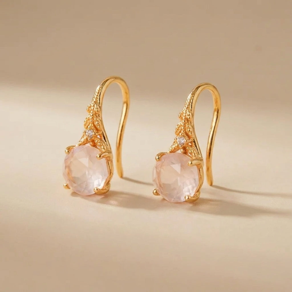 Boucles d'Oreilles Quartz Rose "Belle Floraison" Argent Doré Or @main