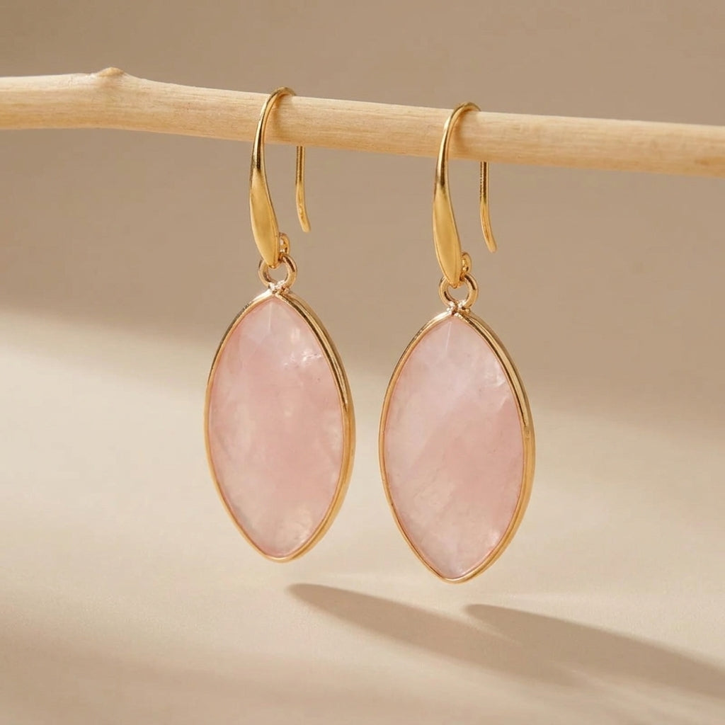 Boucles d'Oreilles Quartz Rose "Rose Divine" Doré Or @main