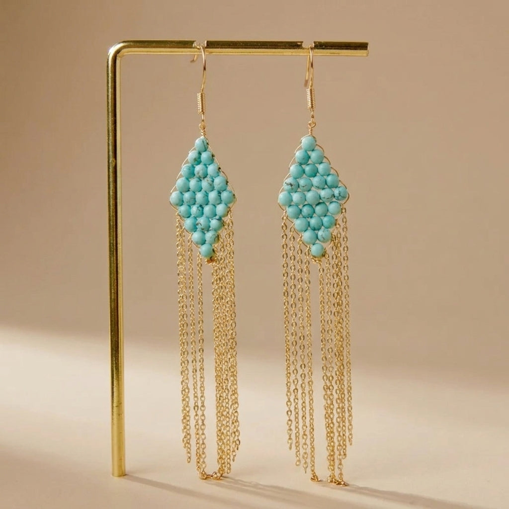 Boucles d'Oreilles Turquoise "Cascade Charmante" Argent Doré Or @main