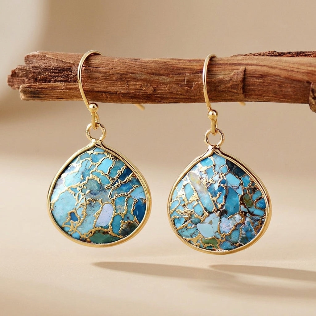 Boucles d'Oreilles Turquoise "Océan Profond" Argent Doré Or @main