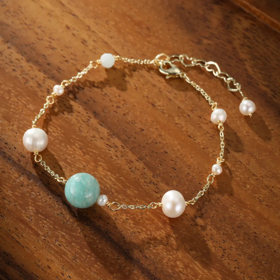 Pulsera de Amazonita y Perla "Océano Puro" Dorado Oro