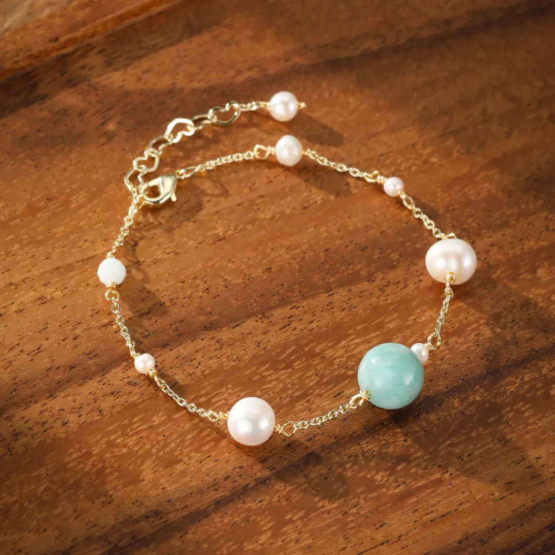 Pulsera de Amazonita y Perla "Océano Puro" Dorado Oro
