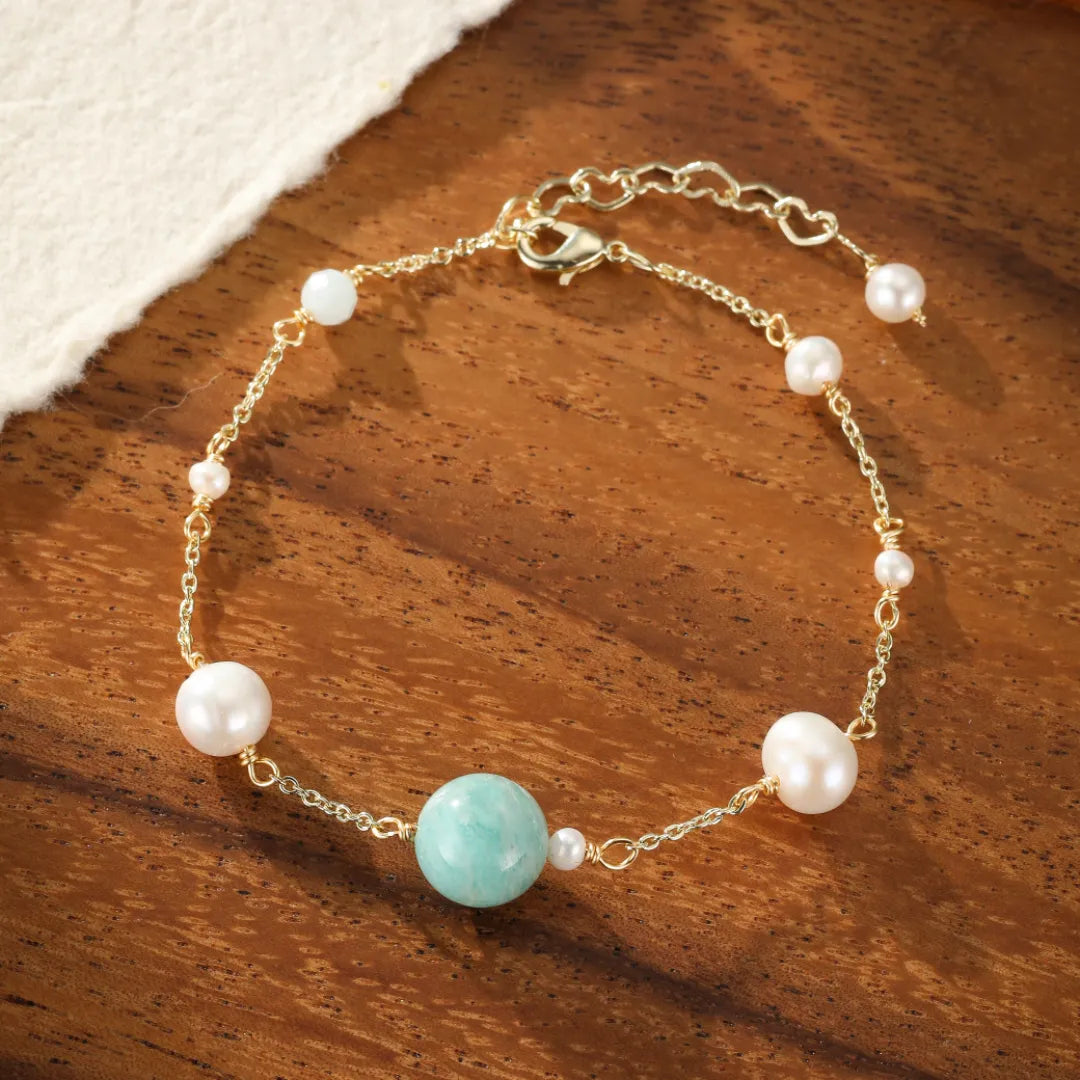 Pulsera de Amazonita y Perla "Océano Puro" Dorado Oro