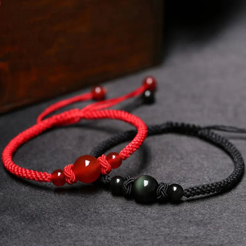 Armband Paar Rotes Band Achat und Obsidian "Ewiger Faden"
