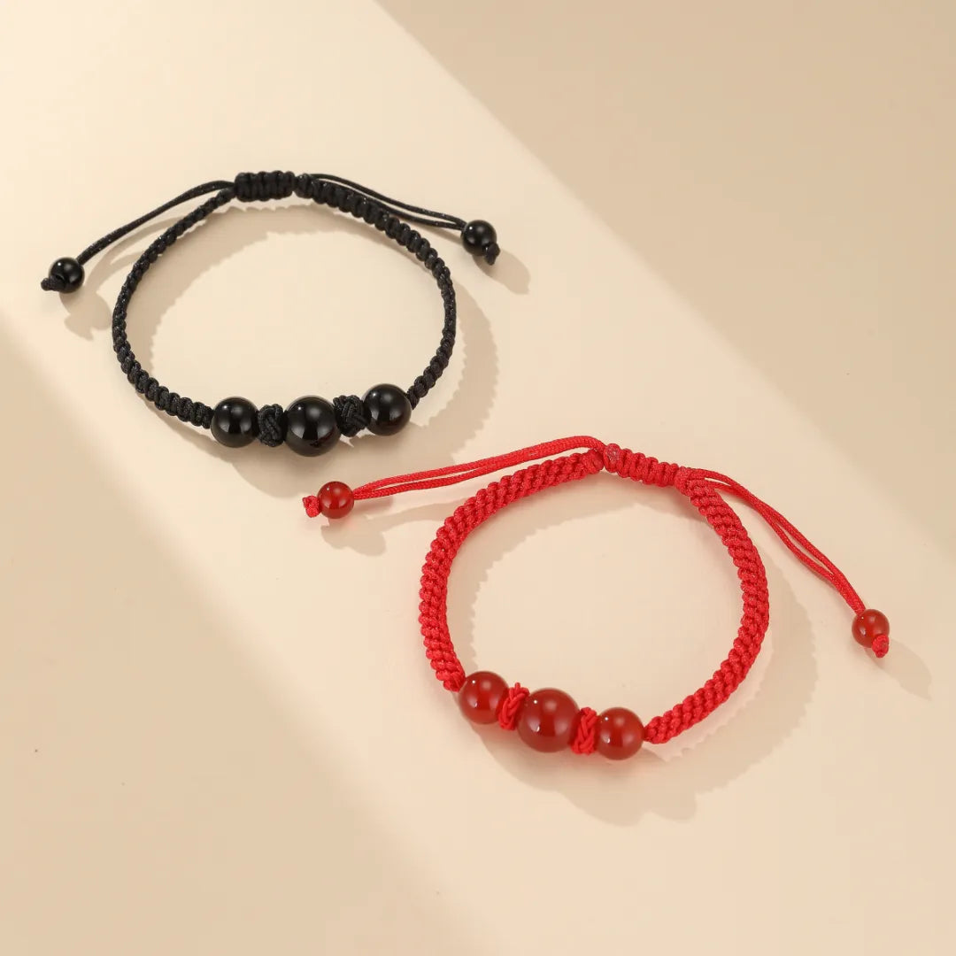 Armband Paar Rotes Band Achat und Obsidian "Ewiger Faden"