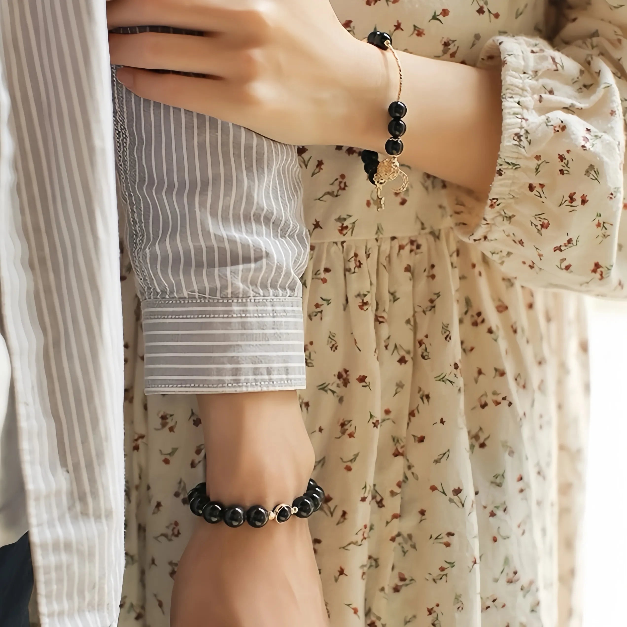 
Pulsera de Pareja Obsidiana "Duo Cósmico" Plata Dorada Oro
