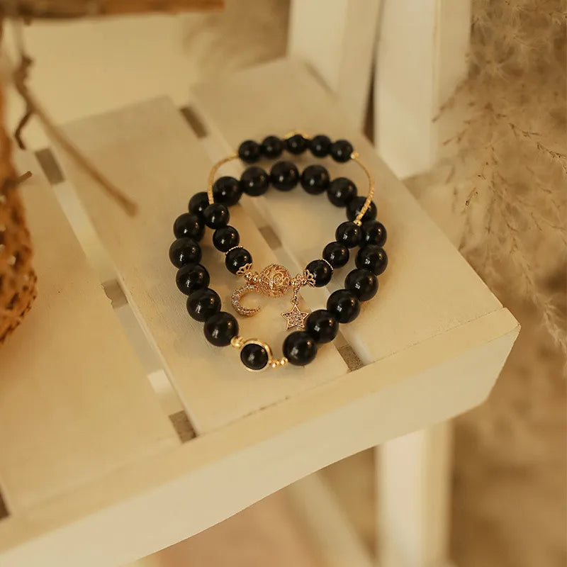 Bracelet Couple Obsidienne "Duo Cosmique" Argent Doré Or
