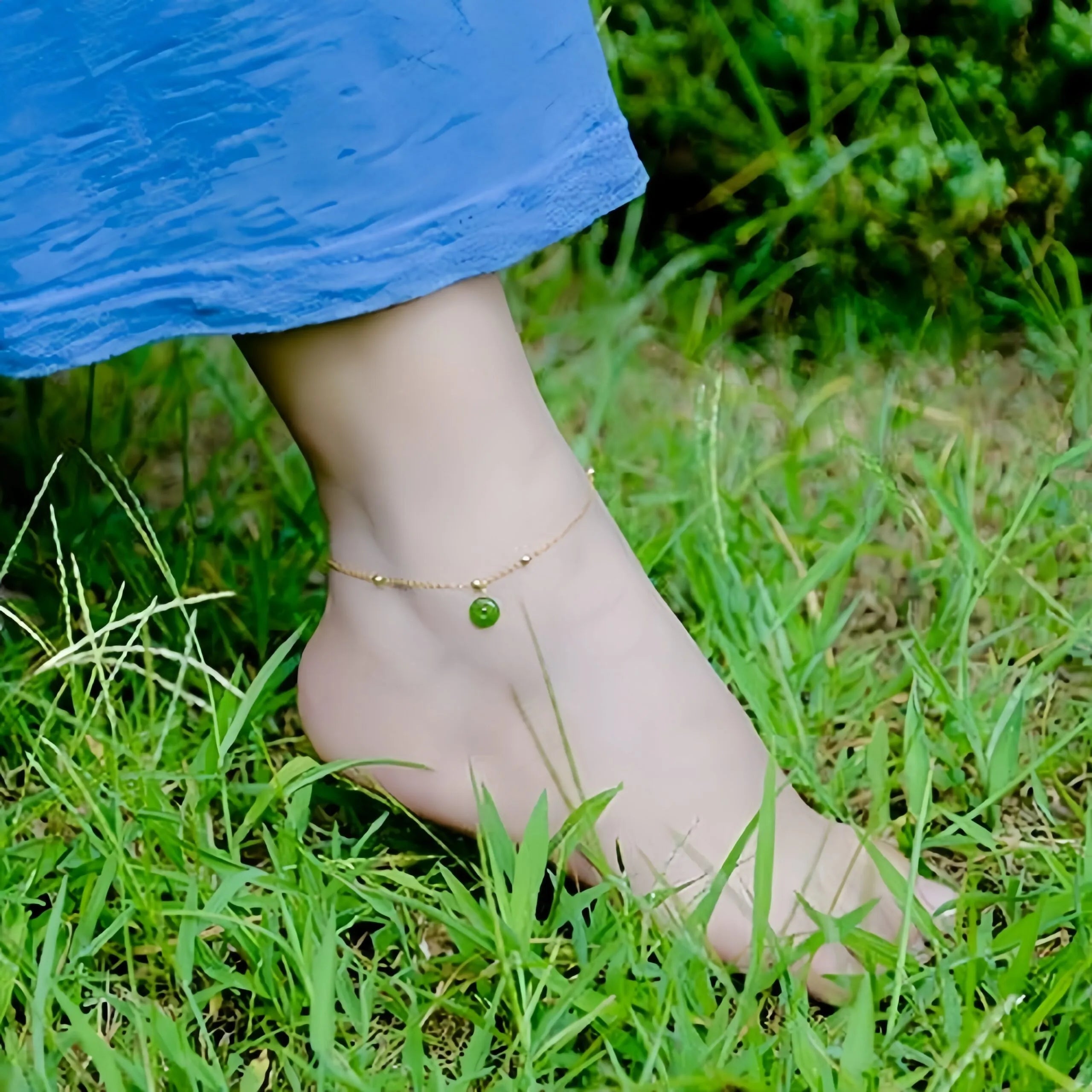 Bracelet de Cheville Jade "Vert Doux" Argent Doré Or