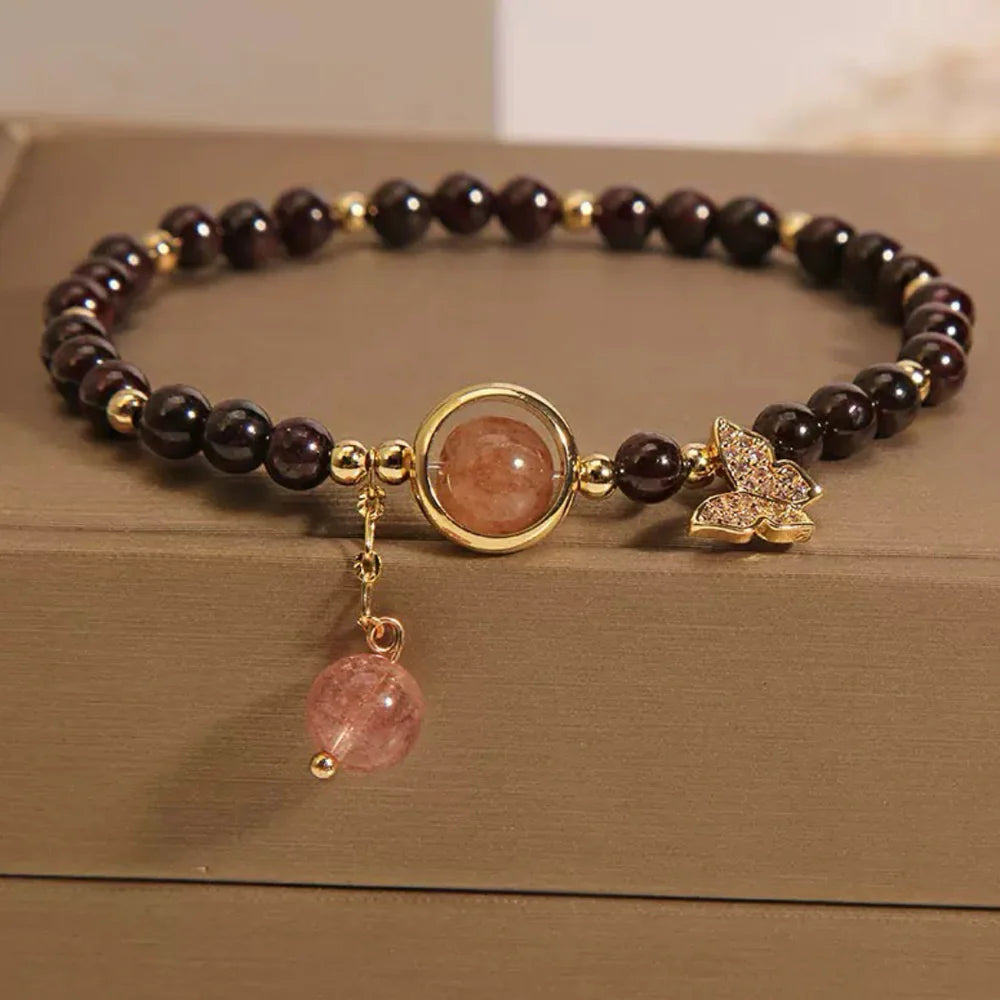Bracelet Grenat et Quartz Fraise "Merveille Papillon"