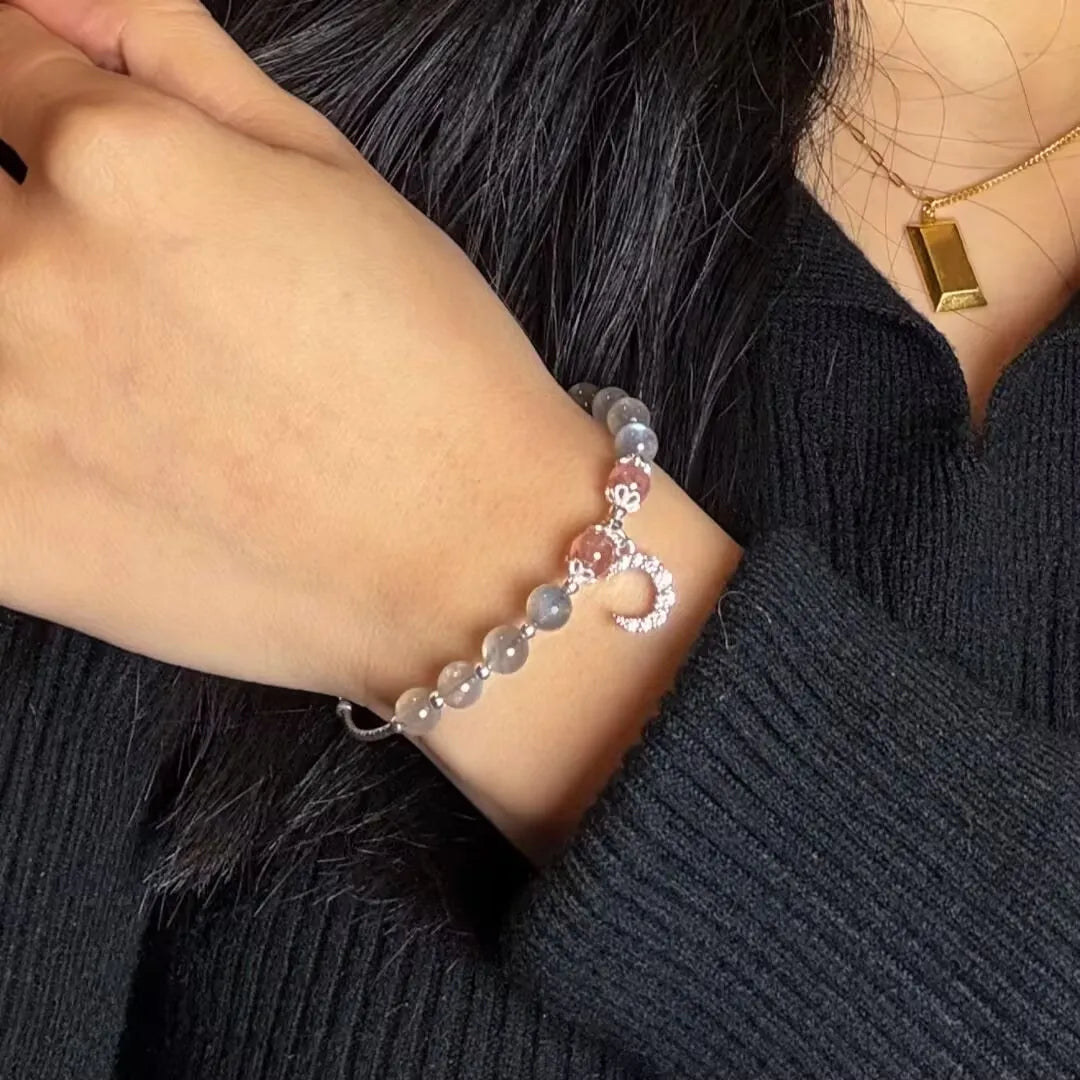 Pulsera de Labradorita y Cuarzo Fresa "Noche Rocío" Plata
