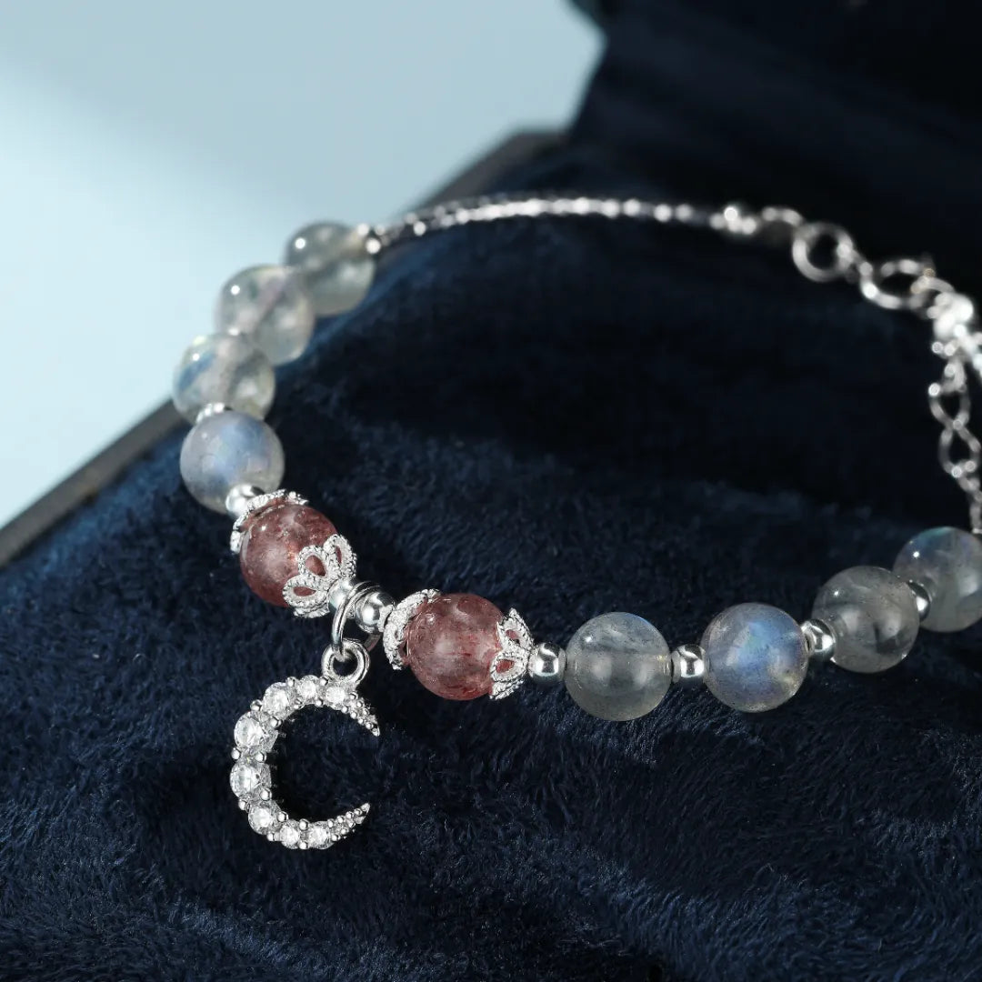 Pulsera de Labradorita y Cuarzo Fresa "Noche Rocío" Plata
