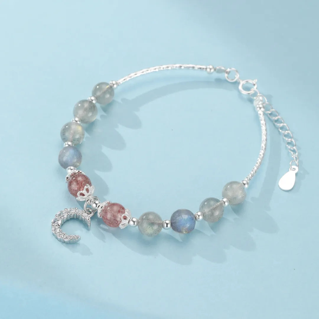 Pulsera de Labradorita y Cuarzo Fresa "Noche Rocío" Plata