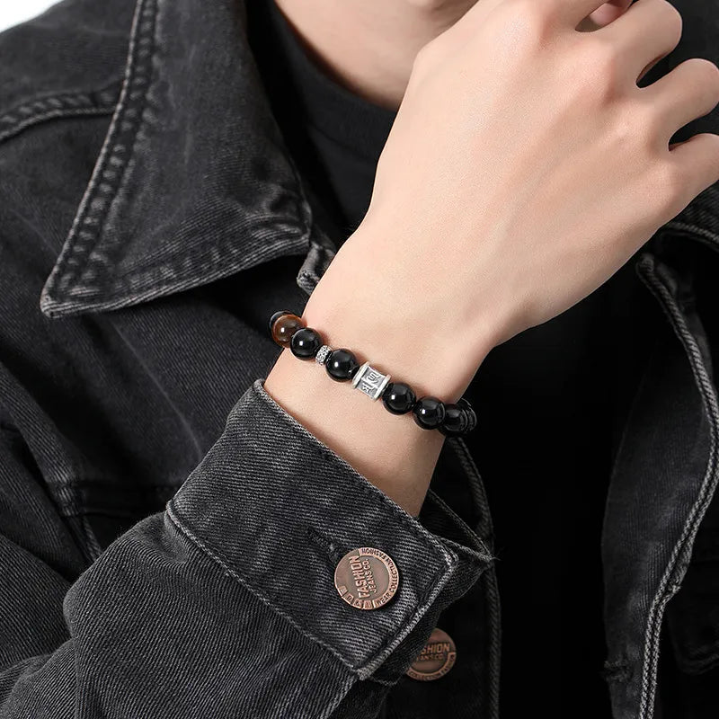 
Pulsera Obsidiana y Ojo de Tigre "Armonía Oscura" Plata