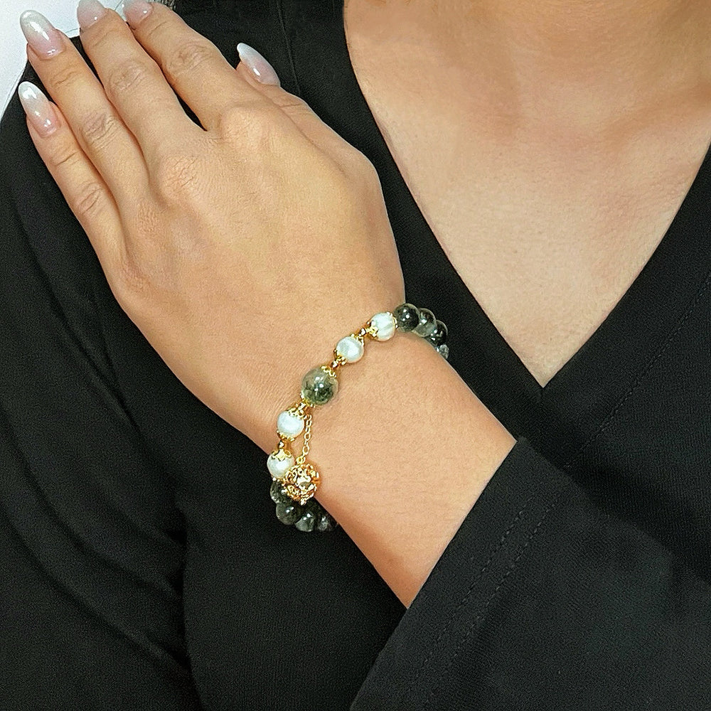 Bracelet Quartz Vert et Perle "Sphère Dorée"