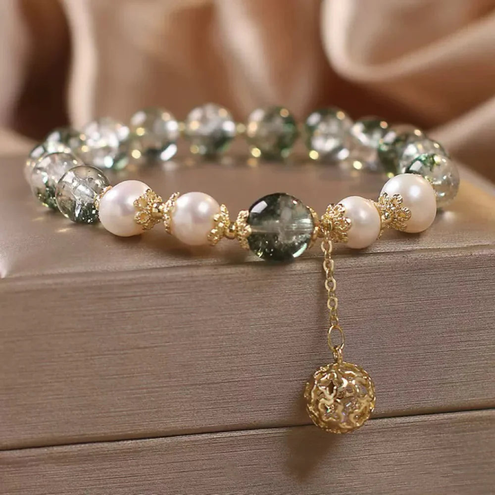 Bracelet Quartz Vert et Perle "Sphère Dorée"