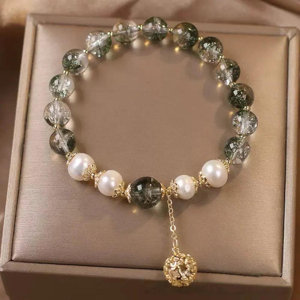Bracelet Quartz Vert et Perle "Sphère Dorée"