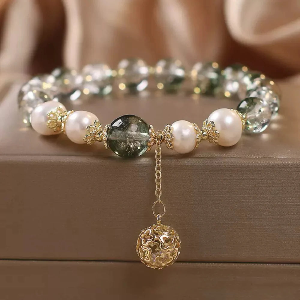 Bracelet Quartz Vert et Perle "Sphère Dorée"