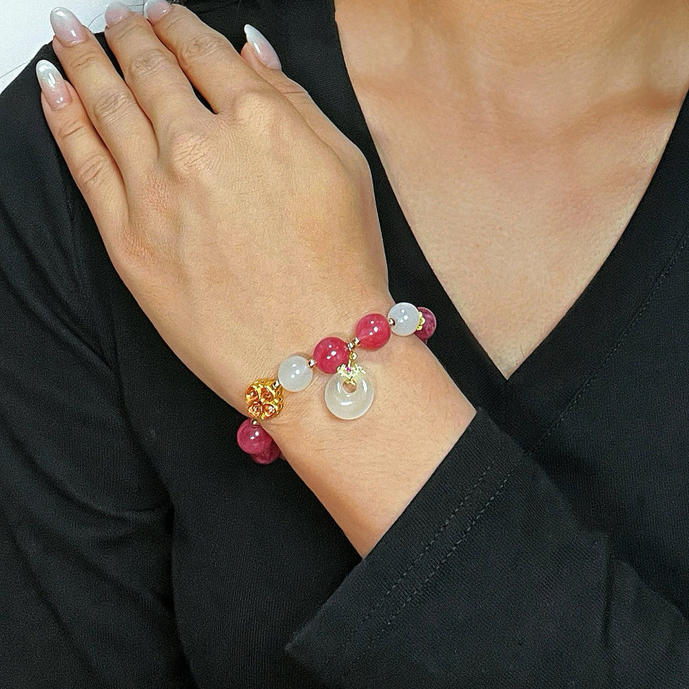 Bracelet Trèfle Tourmaline Rose Jade Blanc "Douceur Éclatante"