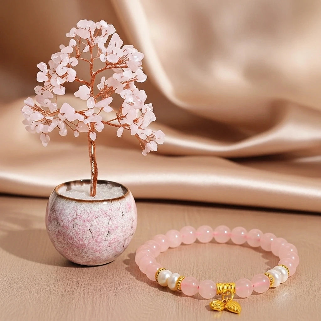 Amor - Cofre de Regalo en Cuarzo Rosa, Árbol de la Vida y Pulsera