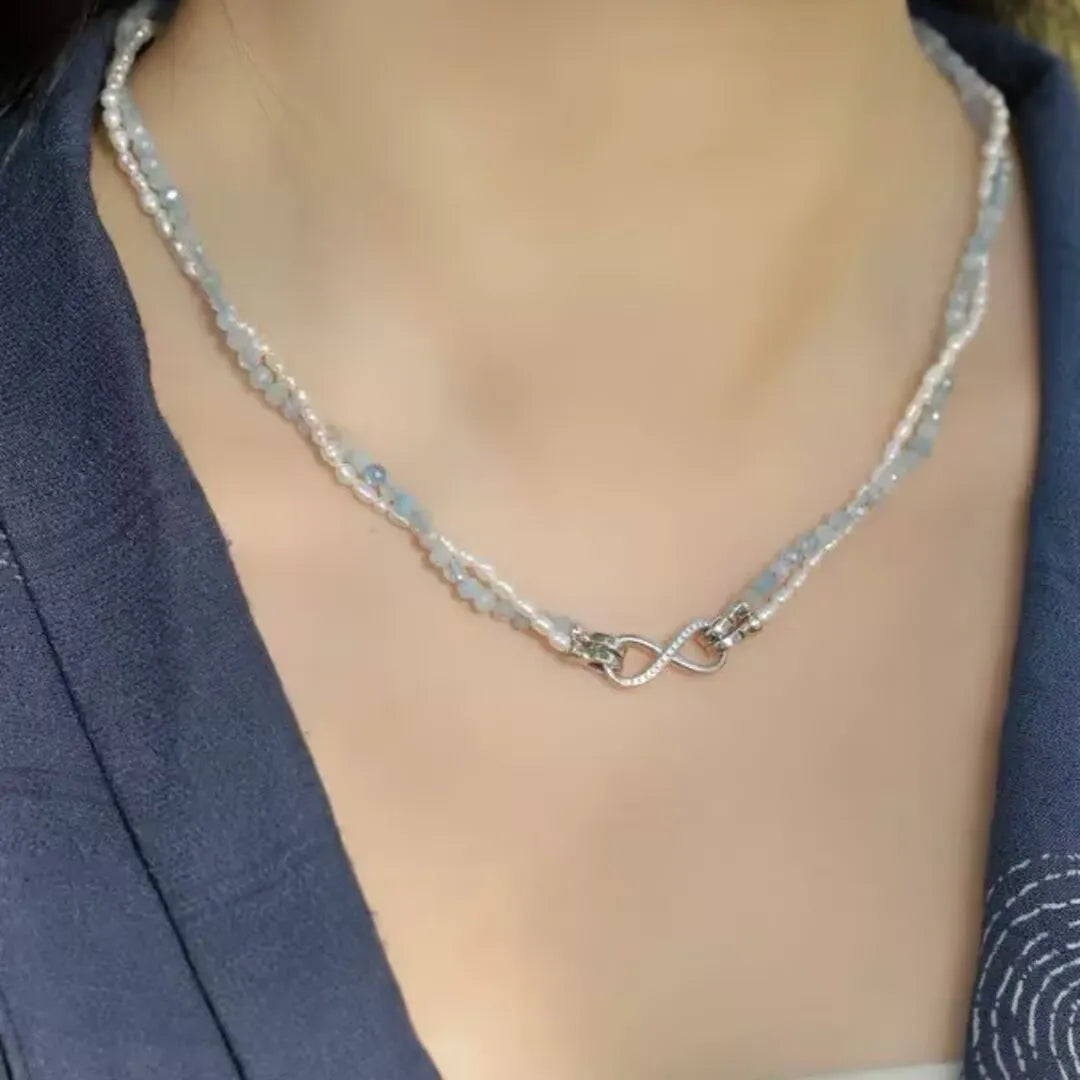 Aquamarine and Pearl Necklace "Polar Sparkle" Silver Plated Platinum