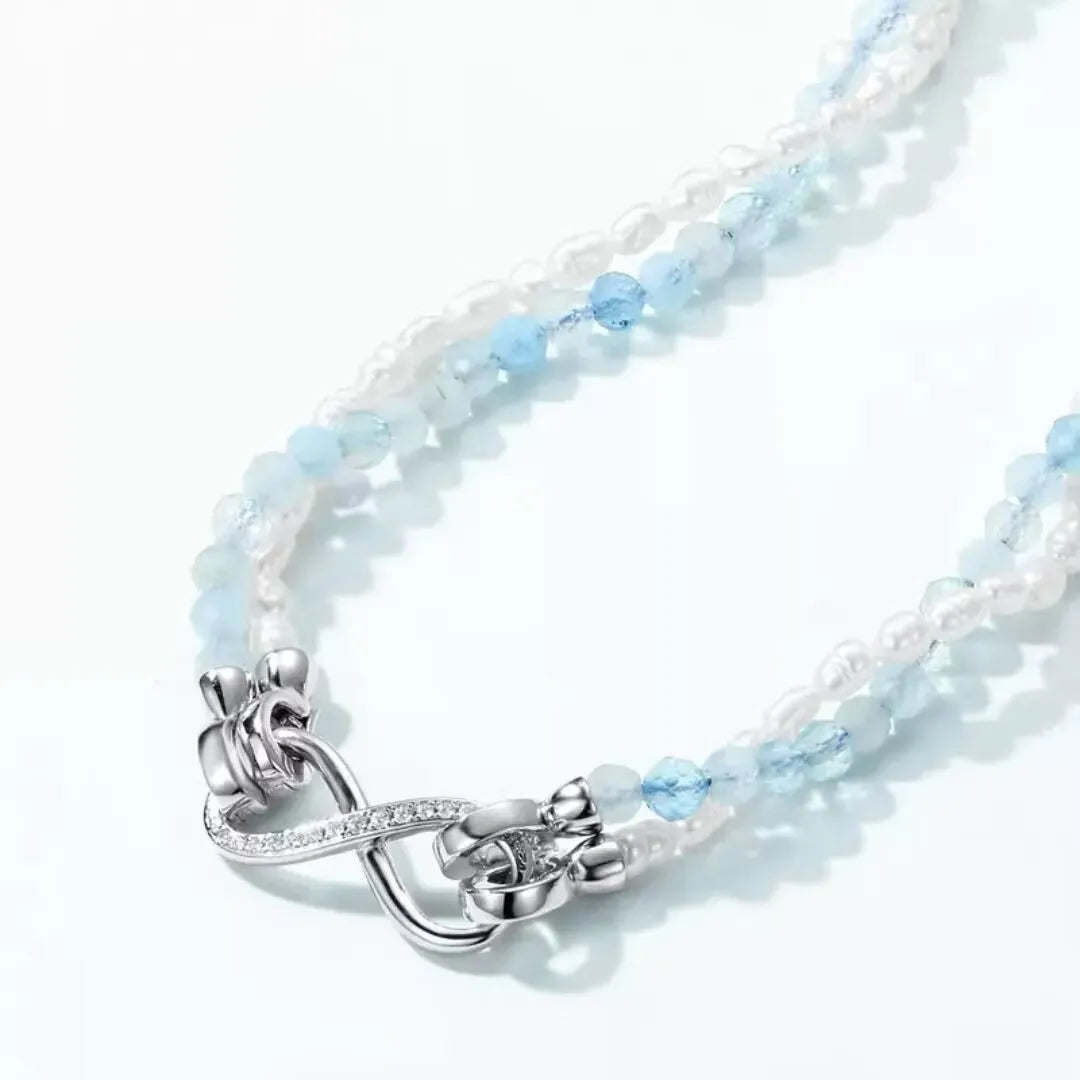 Aquamarine and Pearl Necklace "Polar Sparkle" Silver Plated Platinum