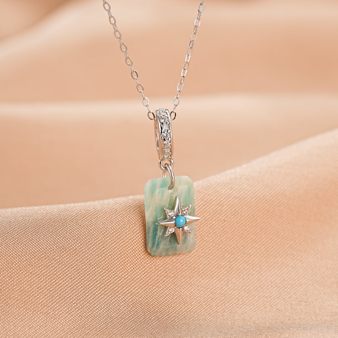Amazonite and Turquoise Necklace “Starry Shine” Platinum Plated Silver