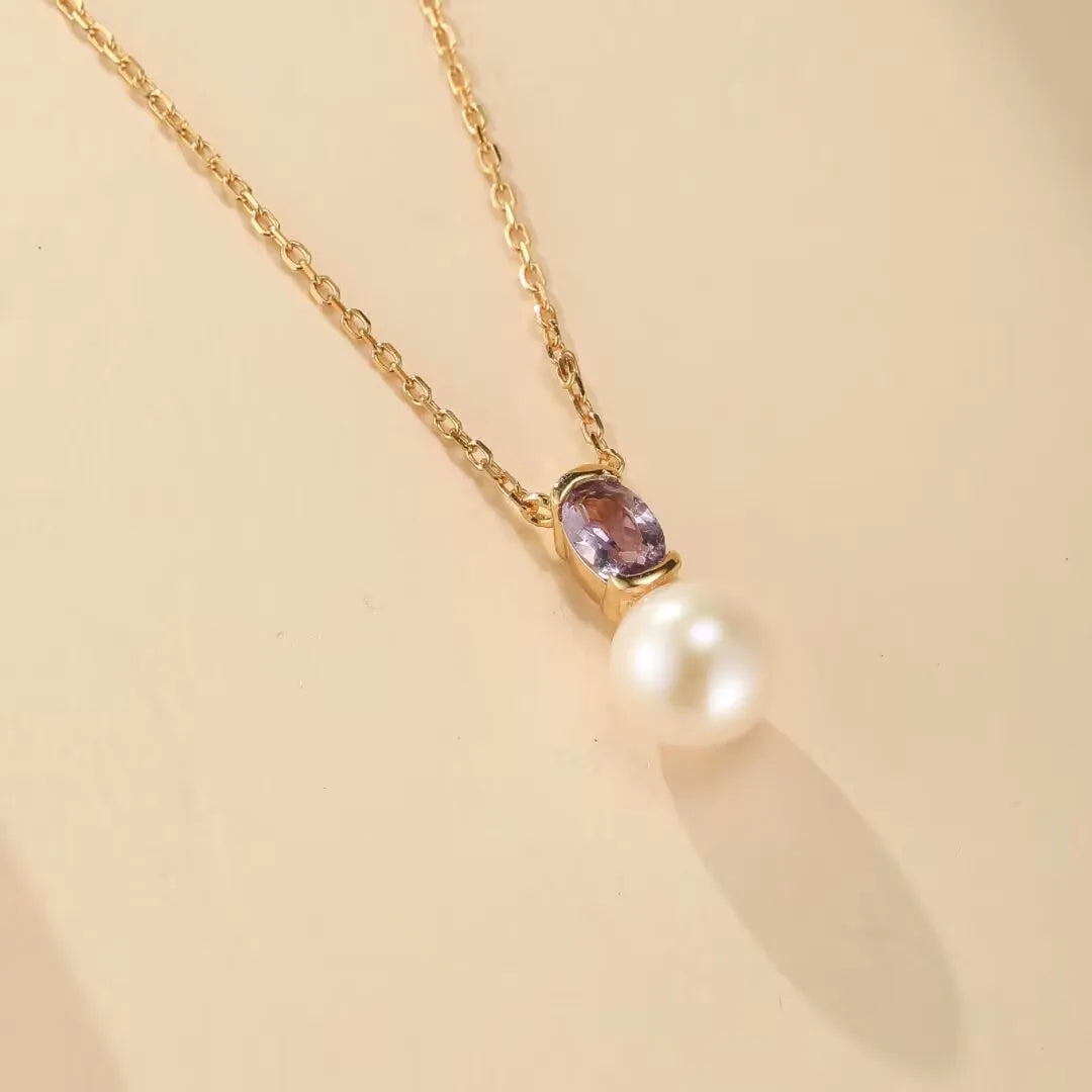 Amethyst- und Perlenhalskette "Reflexionen der Eleganz" vergoldet Silber