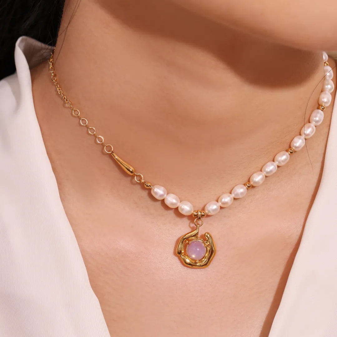 Collar Perla de Agua Dulce y Ópalo "Danza Marina" Dorado Oro