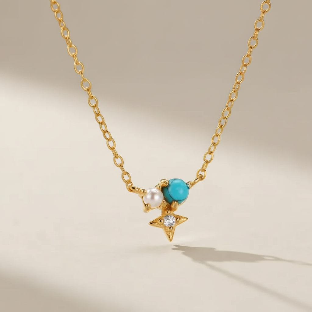 Collier Turquoise et Perle "Sagesse Stellaire" Argent Doré Or
