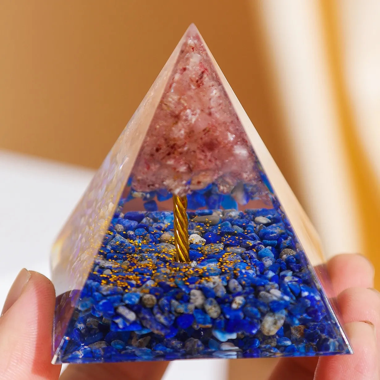 Spirituelles Wachstum - Orgonit-Pyramide Lebensbaum aus Rosenquarz und Lapislazuli