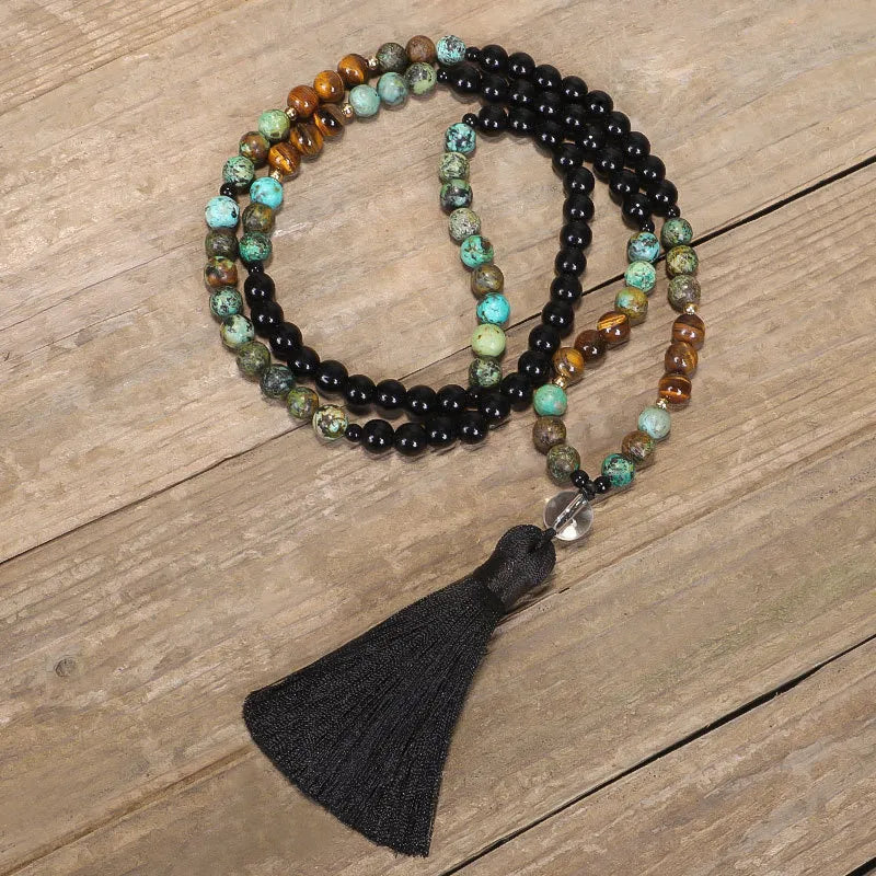 Conjunto Pulsera y Collar Mala Obsidiana y Ojo de Tigre "Amuleto de Protección"