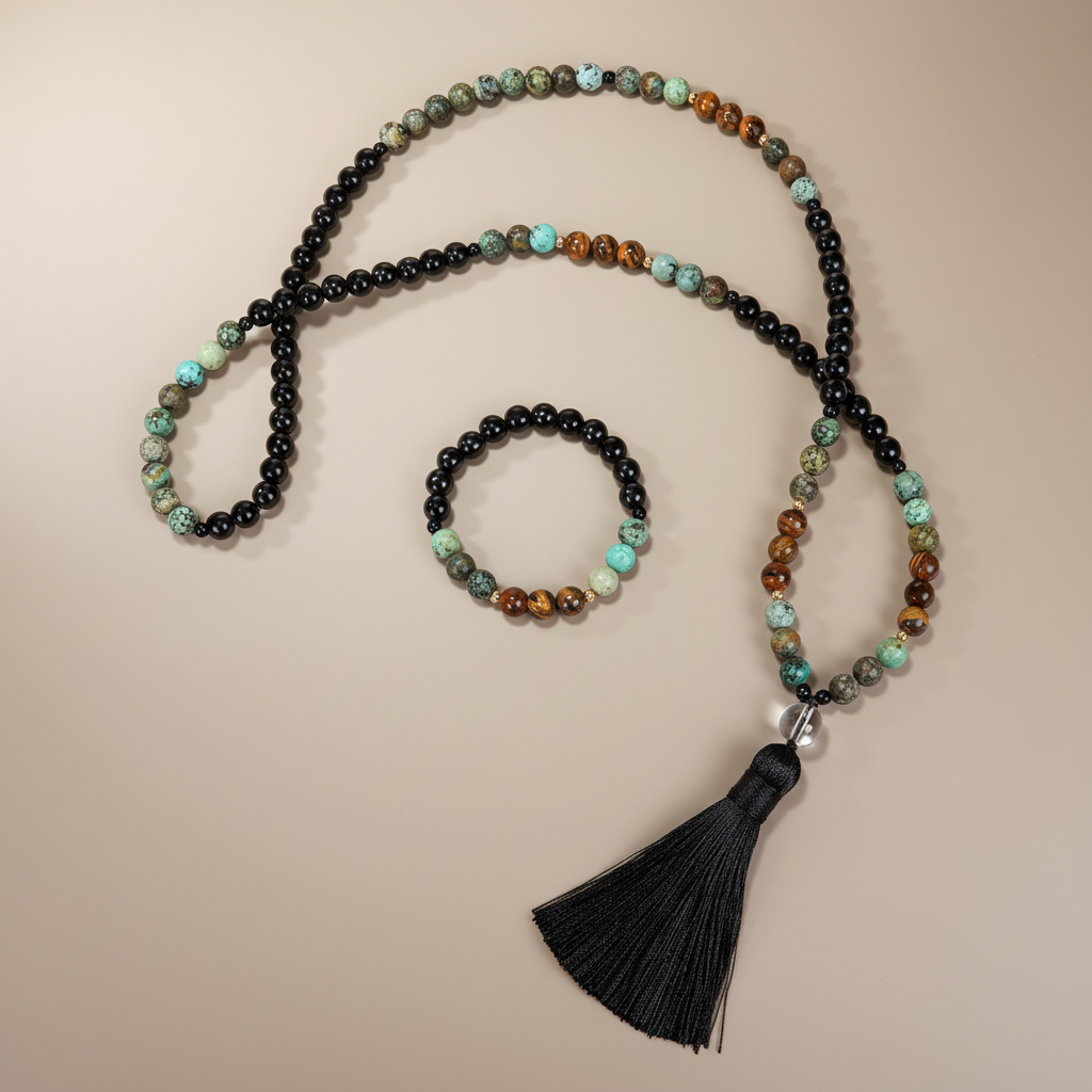 Set Bracciale e Collana Mala Obsidiana e Occhio di Tigre "Amuleto di Protezione"