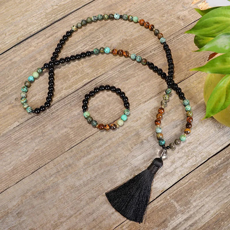 Conjunto Pulsera y Collar Mala Obsidiana y Ojo de Tigre "Amuleto de Protección"