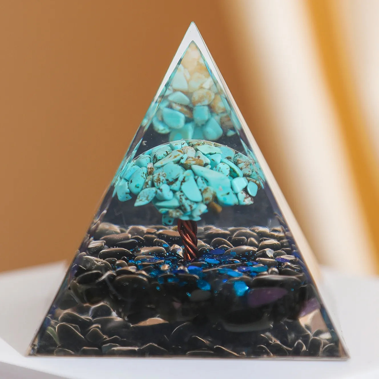Fuerza Celestial - Pirámide Orgonita Árbol de la Vida en Turquesa y Obsidiana