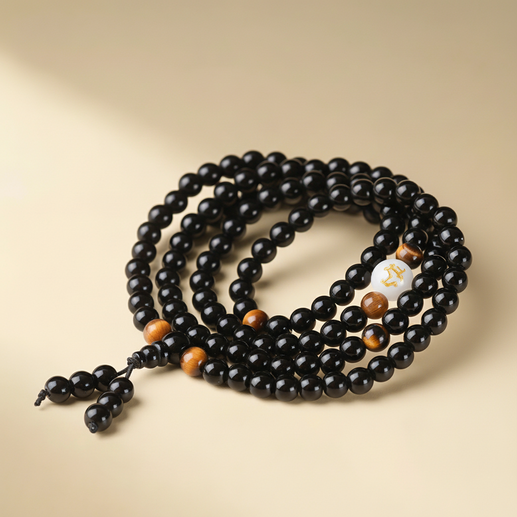 Bracelet Mala Obsidienne et Œil de tigre "Force Mentale"