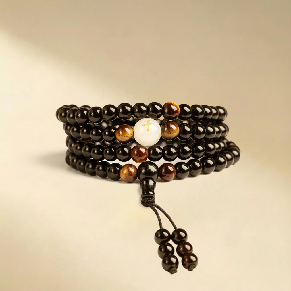 Bracelet Mala Obsidienne et Œil de tigre "Force Mentale"