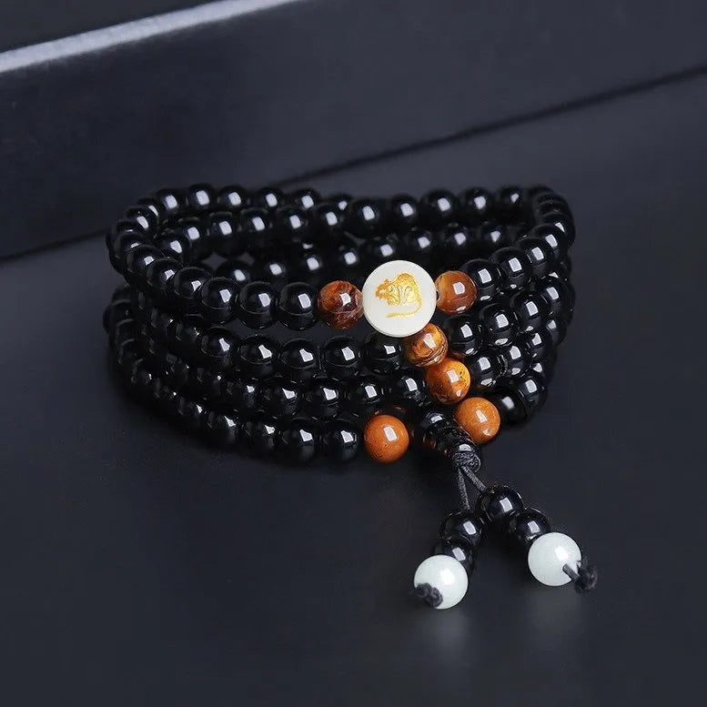 Pulsera Mala de Obsidiana y Ojo de Tigre "Fuerza Mental"