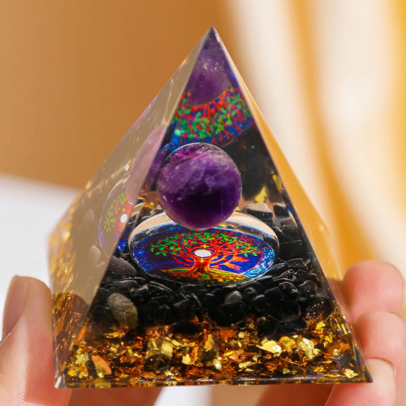 Kraft und Gleichgewicht - Orgonit-Pyramide Lebensbaum aus Amethyst und Obsidian