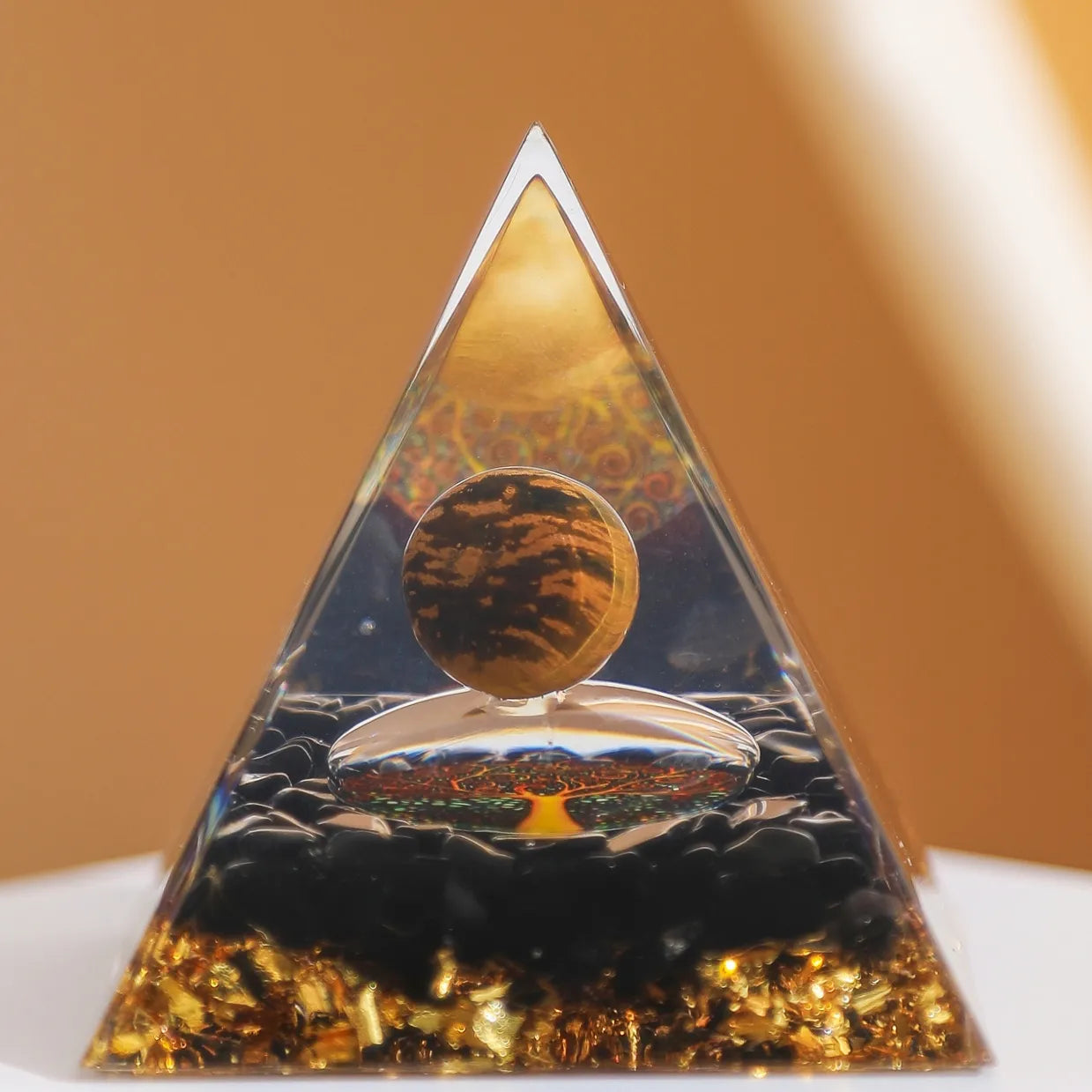 Stabilität - Orgonit-Pyramide Lebensbaum aus Tigerauge und Obsidian